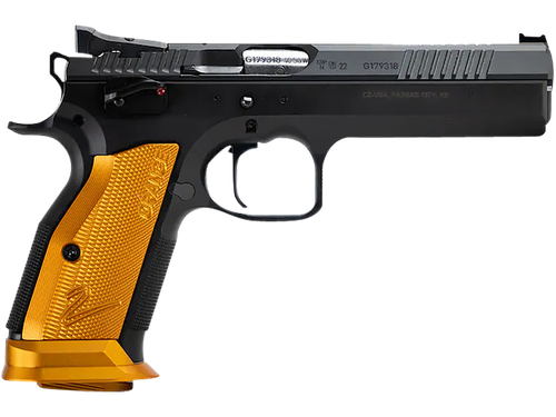 CZ-USA 91266 TS 2  9mm Luger 20+1 5.28" Stainless Bull Barrel, Black Serrated Steel Slide, Black Polycoat Steel Frame w/Beavertail, Orange Checkered Aluminum Grip