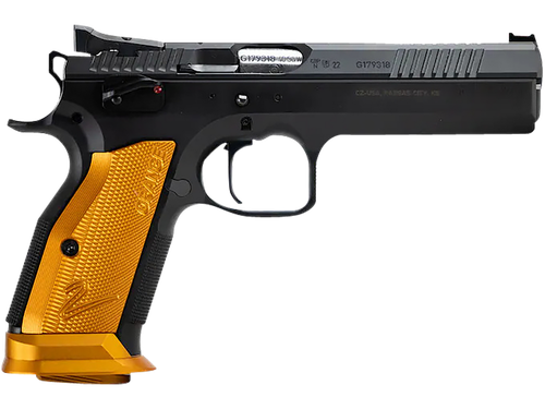 CZ-USA 91266 TS 2  9mm Luger 20+1 5.28" Stainless Bull Barrel, Black Serrated Steel Slide, Black Polycoat Steel Frame w/Beavertail, Orange Checkered Aluminum Grip