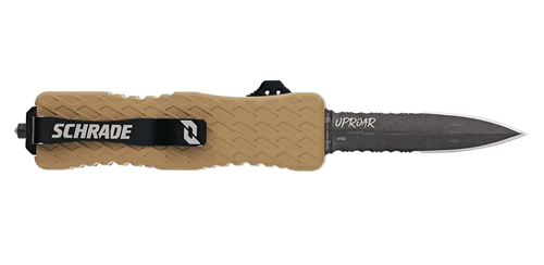 Schrade 1159305 Uproar  Automatic 3" OTF Dagger Part Serrated Black Oxide D2 Steel Blade, Flat Dark Earth Textured Aluminum Handle