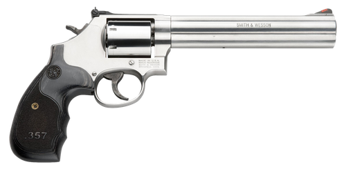 Smith & Wesson 150855 Model 686 Plus 38 S&W Spl +P, 357 Mag 7rd 7" Stainless Steel Barrel & Cylinder Satin Stainless Steel Frame with Black & Silver Custom Wood Grip & Red Ramp Front Sight