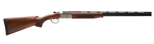 Stevens 22595 555 E Full Size 410 Gauge Break Open 3" 2rd 26" Black Satin Over/Under Vent Rib Barrel, Engraved Satin Silver Aluminum Receiver, Fixed Satin Turkish Walnut Stock, Ambidextrous