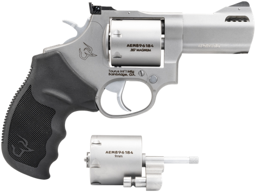 Taurus 2-692039 692  Medium 38 Special +P/357 Mag/9mm Luger 7 Shot 3" Matte Stainless Ported Barrel, Cylinder & Frame, Black Ribber Grip, Transfer Bar Safety, Exposed Hammer, 2 Cylinders