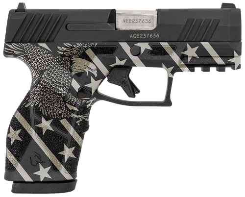 Taurus 1-GX2931-10EN1 GX2  Compact Frame 9mm Luger 10+1 3.38" Stainless Steel Barrel, Matte Black Serrated Alloy Steel Slide, Black w/Eagle, Stars & Stripes Polymer Frame w/Accessory Rail