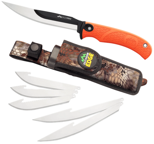Outdoor Edge RMB20C RazorMax  6 Blades, 3.50" Drop Point/5" Boning Fillet Folding Plain Satin/Black Oxide 420J2 SS Blades, Blaze Orange Textured TPR Handle