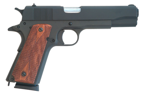 Cimarron 1911 1911  .45 ACP 8+1, 5.03" Black Steel Barrel, Black Parkerized Serrated Slide & Frame, Checkered Walnut Grips