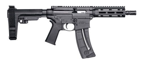 Smith & Wesson 13321 M&P15  Pistol 22 LR 8" Black Carbon Steel Barrel 25+1, Black SB Tactical SBA3 Adjustable Arm Brace Stock, Black Magpul MOE Grip, Manual Safety, Optics Ready