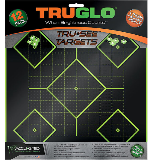 TruGlo TG14A12 Tru-See 5- Diamond Target Self-Adhesive Heavy Paper Black/Green 12"x12" 12 Pack
