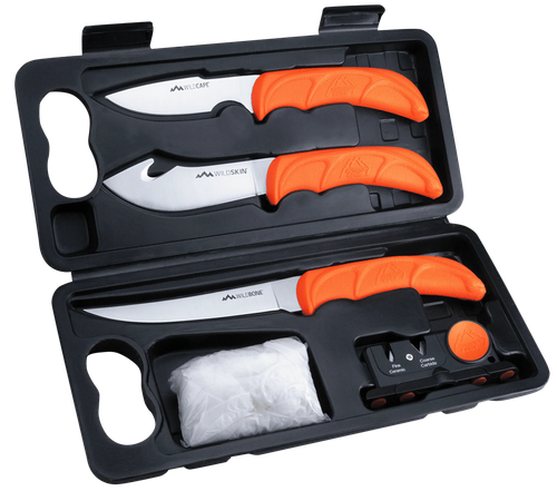 Outdoor Edge WL6 WildLite Game Processor Kit Fixed Boning/Caper/Skinner Plain 420J2 SS Blades, Blaze Orange Textured TPR Handles, 5 Pieces Includes Carry Case