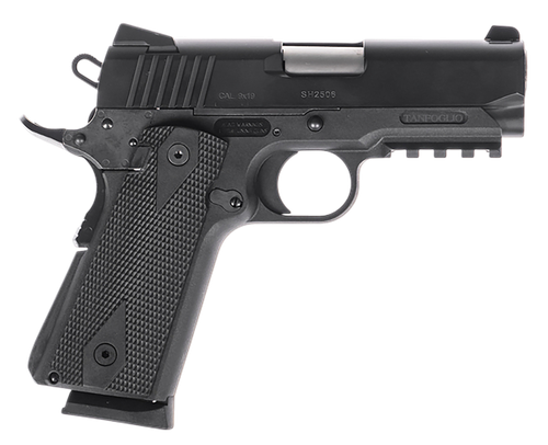 Tanfoglio TFPUGIO9 Pugio  Compact 9mm Luger 10+1 3.54" Stainless Bull Barrel, Black Steel Serrated Slide, Black Polymer Frame w/Beavertail & Picatinny Rail, Textured Grip