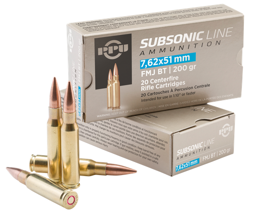 PPU PPS762 Subsonic  7.62x51mmNATO 200gr Full Metal Jacket Boat Tail 20 Per Box/10 Case