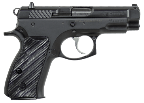 CZ-USA 91190 75  Compact 9mm Luger 15+1 3.75" Black Steel Barrel & Serrated Slide, Black Polycoat Steel Frame w/Beavertail, Black Plastic Grip, Right Hand
