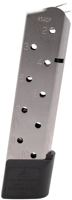 CMC Products 15150 Power Mag  10rd 45 ACP Fits 1911 Government Stainless Steel w/ Black Base Pad
