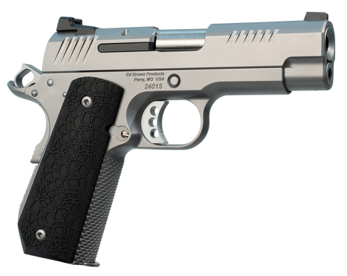 Ed Brown EVOKC9 1911 EVO KC9 9mm Luger 9+1 4" Barrel, Snakeskin Serrated Stainless Steel Bobtail Frame, Serrated Slide w/Recessed Slide Stop, Black G10 Grip