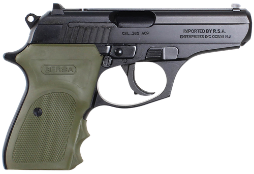 Bersa T380MC Thunder Combat Micro-Compact Frame 380 ACP 8+1, 3.50" Black Steel Barrel, Matte Black Serrated Steel Slide & Aluminum Frame w/Beavertail, Olive Wrap-Around Grip