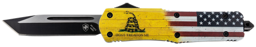 Templar Knife LDTOM231 Gen II Don't Tread On Me Large 3.50" OTF Tanto Plain Black Oxide Stonewashed 440C SS Blade, 5.25" Yellow w/Flag & "Don't Tread On Me" Aluminum Handle, Glass Breaker