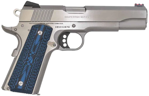 Colt Mfg O1073CCS Competition Government 38 Super 9+1 5" Stainless National Match Barrel, Serrated Slide & Frame w/Beavertail, Checkered Blue G10 Grip, Ambidextrous