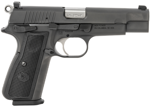 FN 66100256 High Power  9mm Luger 17+1, 4.70" Black Target Crown Steel Barrel, Black PVD Serrated Steel Slide & Steel Frame w/Beavertail, Black Textured Polymer Grip, Ambidextrous