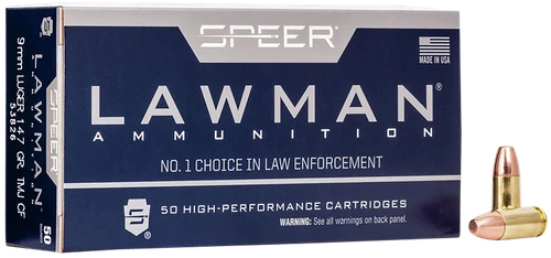 Speer 53826 Lawman Training Clean-Fire 9mmLuger 147gr Total Metal Jacket Flat Nose 50 Per Box/20 Case