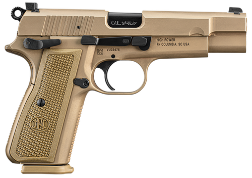 FN 66101117 High Power  9mm Luger 10+1, 4.70" Black Target Crown Steel Barrel, Flat Dark Earth PVD Serrated Steel Slide & Steel Frame w/Beavertail, FDE Textured Polymer Grip, Ambidextrous