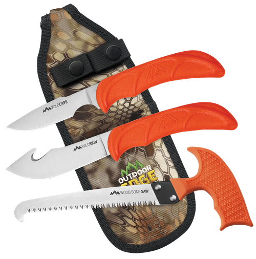 Outdoor Edge WG10C WildGuide  Fixed Caper/Saw/Skinner w/Gut Hook Satin 420J2 SS Blades, Blaze Orange Textured TPR Handle