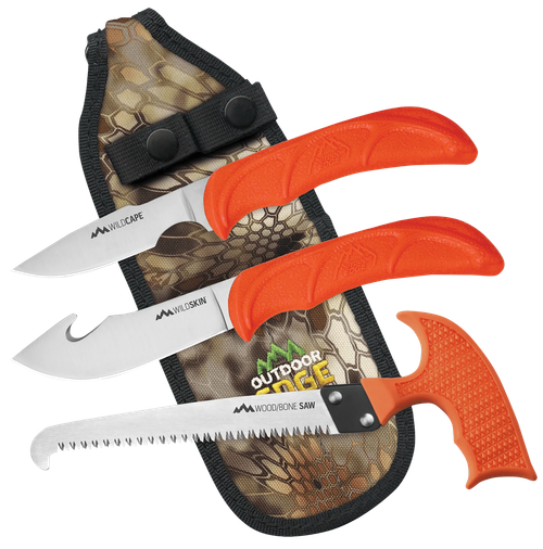 Outdoor Edge WG10C WildGuide  Fixed Caper/Saw/Skinner w/Gut Hook Satin 420J2 SS Blades, Blaze Orange Textured TPR Handle