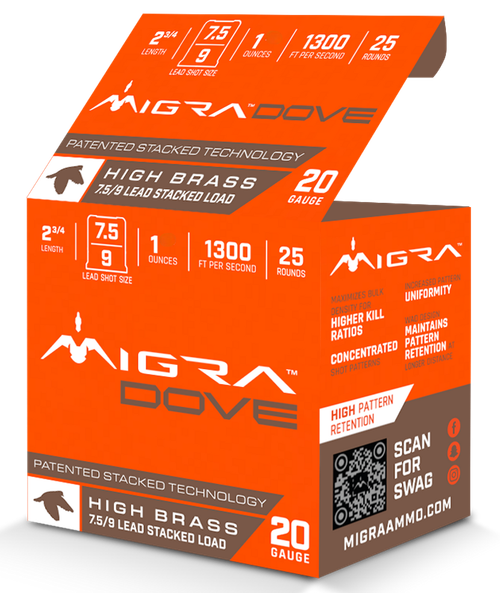 Migra Ammunitions M20LF7.59  Dove 20Gauge 2 3/4" 1oz 7.5/9Shot 25 Per Box/10 Case