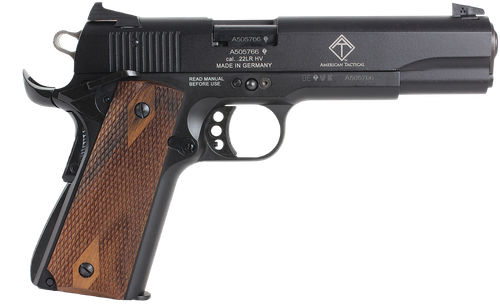 GSG GSG2210M1911CA 1911 *CA Compliant 22 LR 10+1 5" All Black Anodized Steel Barrel, Serrated Slide, Zinc Alloy w/Beavertail Frame, Double Diamond Walnut Grip