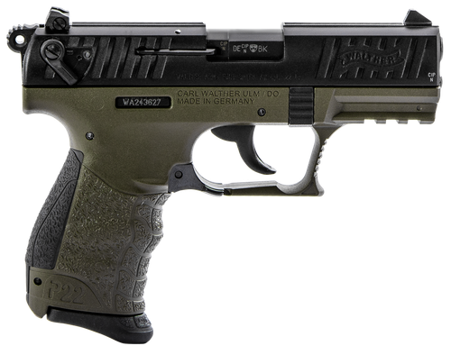 Walther Arms 5120715 P22 Q Military 22 LR 10+1 3.42" Steel/Threaded Barrel, Matte Black Tenifer Serrated/Steel Slide, OD Green Polymer Frame w/Picatinny Rail, Black Interchangeable Backstrap Grips
