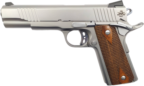 Rock Island 51414 Rock Standard FS *CA Compliant 45 ACP Caliber with 5" Barrel, 8+1 Capacity, Overall Matte Stainless Steel Finish, Beavertail Frame, Serrated Slide & Double Checkered Wood Grip