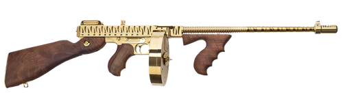 Thompson T150DTGTS 1927A-1 Deluxe 45 ACP Caliber with 16.50" Barrel, 20+1 Capacity (Stick), 50+1 Capacity (Drum), Gold w/Tiger Stripe Metal Finish, American Walnut Stock Wood Grip Right Hand