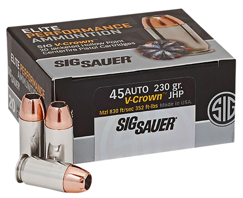 Sig Sauer E45AP220 Elite Performance  45ACP 230gr V-Crown Jacketed Hollow Point 20 Per Box/10 Case
