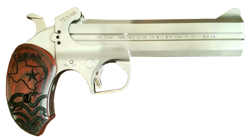 Bond Arms BATX Texan  Derringer Single 45 Colt (LC)/410 Gauge 2rd, 6" Stainless Steel Double Barrel & Frame, Blade Front/Fixed Rear Sights, Custom Engraved Rosewood Grip, Manual Safety