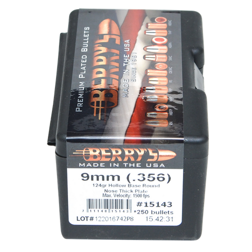 Berry's 15143 Superior Pistol 9mm/356 124gr Hollow Base Round Nose Thick Plate 250/Box