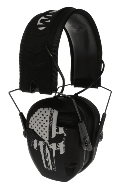 Walker's WPRSEMFSPUN Razor Slim Electronic Freedom Muff 23 dB Over the Head Black w/Distressed Punisher Flag Polymer