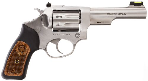 Ruger 5765 SP101  22 LR 8rd 4.20" Satin Stainless Steel Barrel, Cylinder & Frame, Black Rubber w/Wood Insert Grip, Transfer Bar Safety, Exposed Hammer