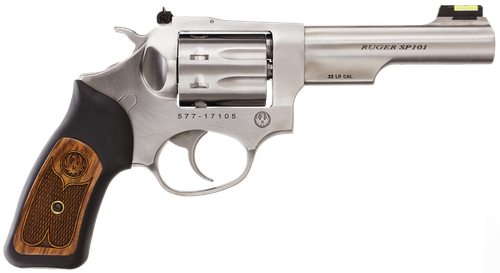 Ruger 5765 SP101  22 LR 8rd 4.20" Satin Stainless Steel Barrel, Cylinder & Frame, Black Rubber w/Wood Insert Grip, Transfer Bar Safety, Exposed Hammer