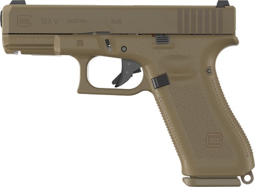 Glock UV1950703X G19X V 9mm Luger 17+1 4.02" Black GMB Barrel, Coyote nPVD Steel Serrated Slide, Coyote Brown Polymer Frame, Textured Polymer Grip, Ambidextrous