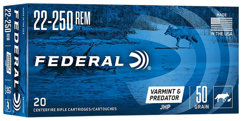 Federal AE22250G American Eagle Varmint & Predator 22-250Rem 50gr Jacketed Hollow Point 20 Per Box/10 Case