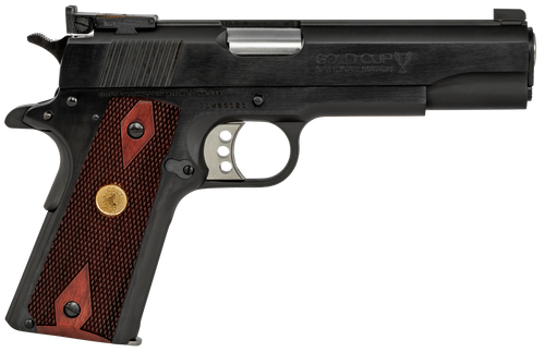 Colt Mfg O5873A1 1911 Gold Cup 38 Super Caliber with 5" National Match Barrel, 9+1 Capacity, Overall Blued Finish Steel, Serrated Slide & Double Diamond Checkered Rosewood Grip