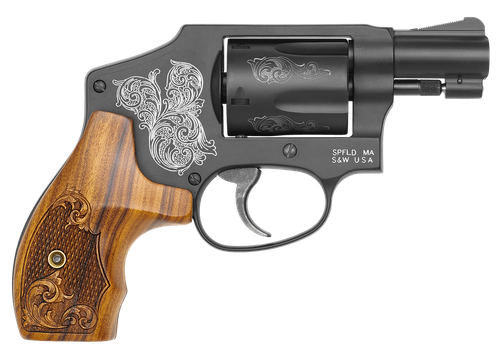 Smith & Wesson 150785 Model 442  38 S&W Spl +P 5 Shot 1.88" Engraved Black Carbon Steel Barrel/Cylinder, Engraved Black Aluminum J-Frame, Engraved Wood Grip, Mahogany Presentation Case