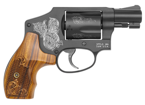 Smith & Wesson 150785 Model 442  38 S&W Spl +P 5 Shot 1.88" Engraved Black Carbon Steel Barrel/Cylinder, Engraved Black Aluminum J-Frame, Engraved Wood Grip, Mahogany Presentation Case