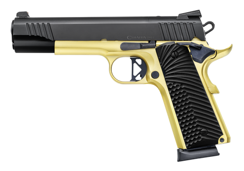 Chiappa Firearms 440236 1911 Superior Full Size Frame 45 ACP 8+1 5" Black Optic Ready/Serrated Slide, Gold Frame, Blue Laminate Grip, RMR/RMSc Footprint