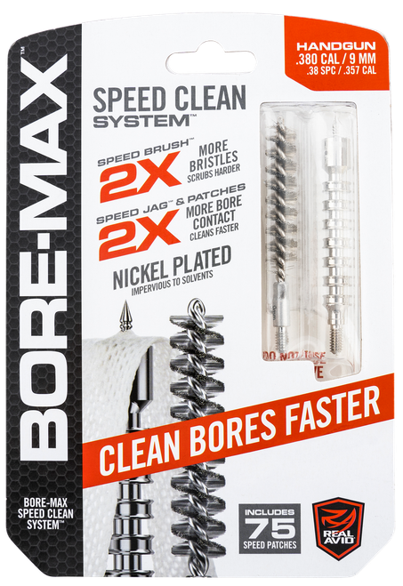 Real Avid AVBMSET9MM Bore-Max Speed Clean Upgrade Set 9mm Pistol Nickle Plated Bristles Blister Pack Case