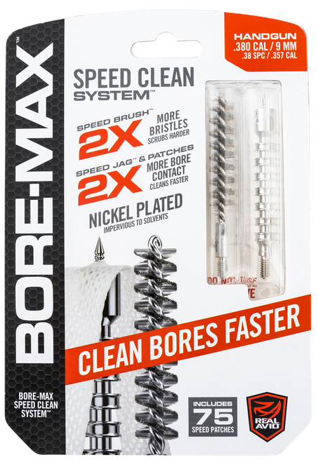 Real Avid AVBMSET9MM Bore-Max Speed Clean Upgrade Set 9mm Pistol Nickle Plated Bristles Blister Pack Case