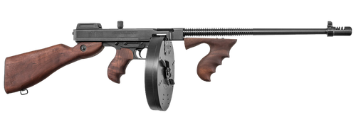 Thompson T1100D 1927A-1 Deluxe Carbine 45 ACP Caliber with 18" Barrel, 20+1 Capacity (Stick), 100+1 Capacity (Drum), Blued Metal Finish, American Walnut Stock Wood Grip Right Hand