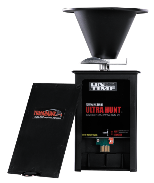 On Time 43005 Tomahawk Ultra Hunt Feeder Black Waterproof High-Impact Composite, Heavy Duty Motor, Dawn-Dusk Mode Operation, 4 Feed Times with 1-20 Second Duration, Universal Mount