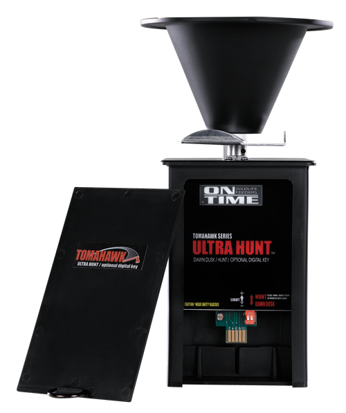 On Time 43005 Tomahawk Ultra Hunt Feeder Black Waterproof High-Impact Composite, Heavy Duty Motor, Dawn-Dusk Mode Operation, 4 Feed Times with 1-20 Second Duration, Universal Mount