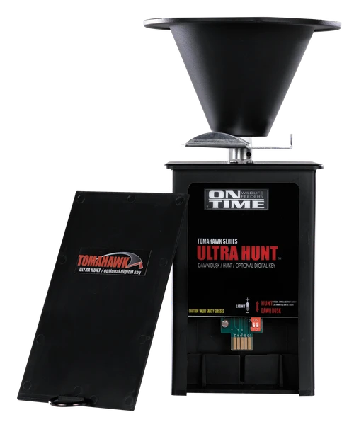 On Time 43005 Tomahawk Ultra Hunt Feeder Black Waterproof High-Impact Composite, Heavy Duty Motor, Dawn-Dusk Mode Operation, 4 Feed Times with 1-20 Second Duration, Universal Mount