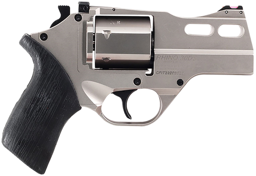 Chiappa Firearms 340290 Rhino 30DS  Small Frame 357 Mag 6 Shot, 3" Nickel-Plated Steel Vent Rib Barrel & Cylinder, Nickel-Plated Aluminum Frame, Black Rubber Grip, Concealed Hammer