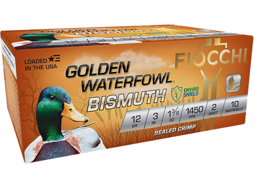 Fiocchi 123GB2 Golden Waterfowl Bismuth 12Gauge 3" 1 3/8oz 2Shot 10 Per Box/10 Case